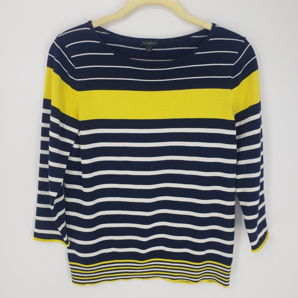 Talbots Striped Boat Neck Sweater Womens S Navy Yellow White 3/4 Sleeve Nautical